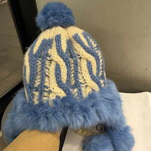 蓝色兔毛针织帽女秋冬季 甜美可爱毛绒显脸小帽子潮 保暖毛线帽韩版