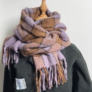 韩系复古含羊毛绒氛围感紫色格子围巾女秋冬保暖护脸高级感围脖潮