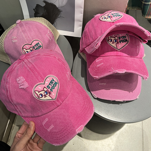 y2k玫红色爱心小猫大头围水洗鸭舌帽女生韩版 显脸小遮阳棒球帽子