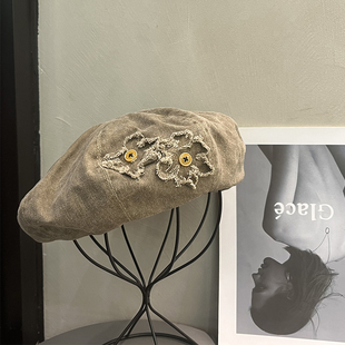 水洗做旧花朵刺绣贴布贝雷帽女百搭春夏款 画家帽子 显脸小日系薄款