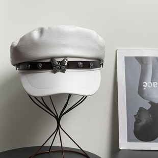 英伦复古蝴蝶铁标海军平顶帽女时尚 千禧辣妹百搭亚文化贝雷帽子潮