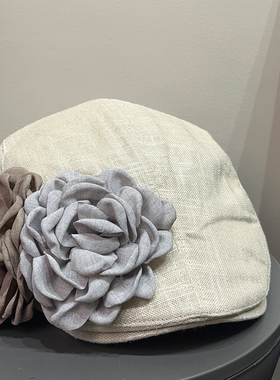 出口日本复古棉麻花朵前进帽女春夏防晒透气显脸小文艺贝雷帽子潮