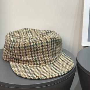 大头围韩版 千鸟格毛呢平檐鸭舌帽女春秋显脸小复古英伦棒球帽子潮