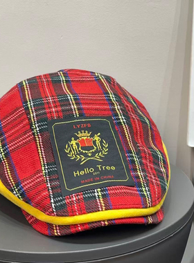 日系复古英伦风红色格子拼接前进帽女秋冬百搭显脸小文艺贝雷帽子