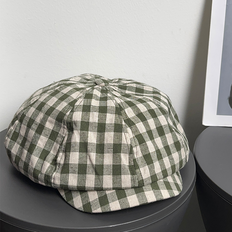 大头围复古文艺格子贝雷帽女春夏百搭复古防晒显脸小画家八角帽子