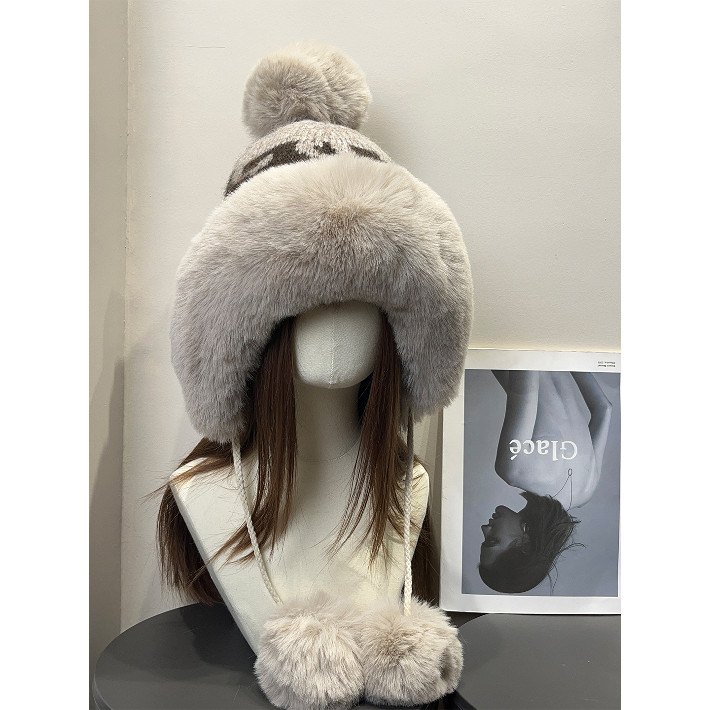 复古费尔岛针织毛绒雷锋帽女秋冬加绒保暖护耳帽骑车防寒毛球帽子