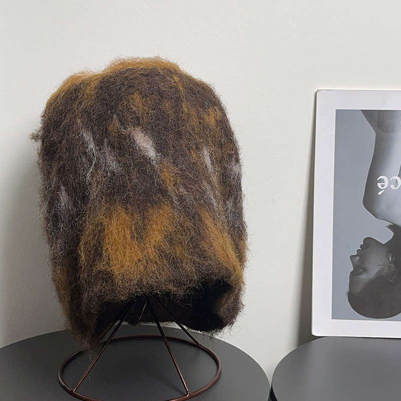 大头围美式复古针织帽女秋冬马海毛保暖月子帽护脸显脸小毛线帽子