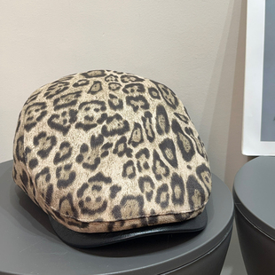 出口日本复古麂皮豹纹pu拼接鸭舌前进帽女百搭显脸小时髦画家帽子