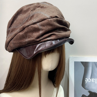 大头围复古褶皱烫钻鸭舌pu贝雷帽女秋季 百搭显脸小云朵贝雷帽子潮