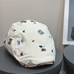 大头围日系复古刺绣小猫前进帽女夏遮阳百搭春秋显脸小贝雷帽子潮