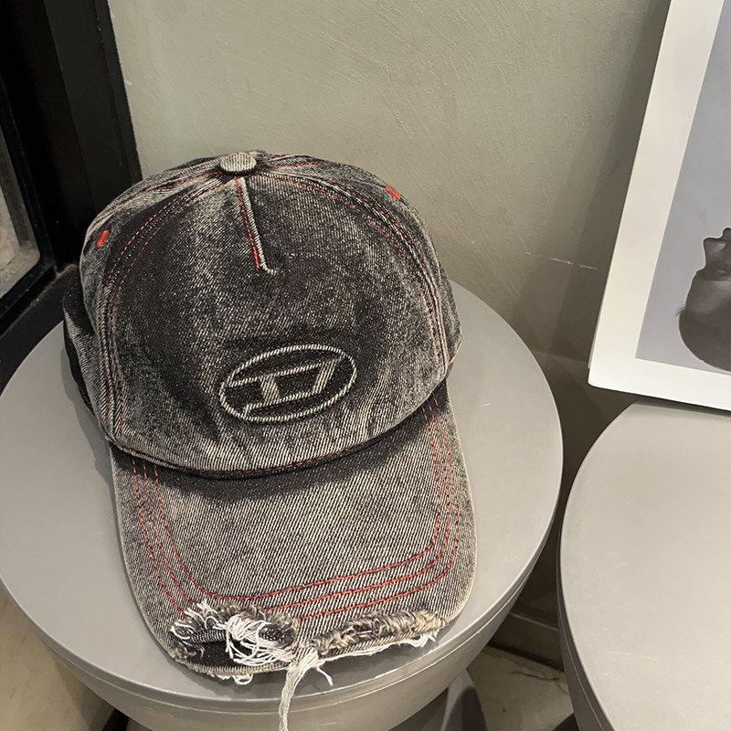 Retro American Washed Denim Ripped Big Head Baseball Cap Women's K-style Face Revealing Small Sun Visor Duck Tongue Hat Men's Trendy