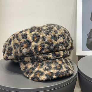 复古百搭豹纹羊羔毛绒八角帽女秋冬保暖防寒时髦显脸小贝雷帽子潮