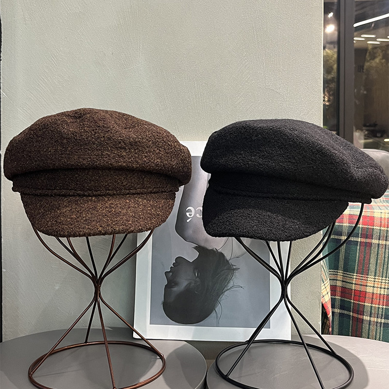 日系毛呢平顶贝雷帽女韩版ins复古显脸小海军报童帽新款画家帽子