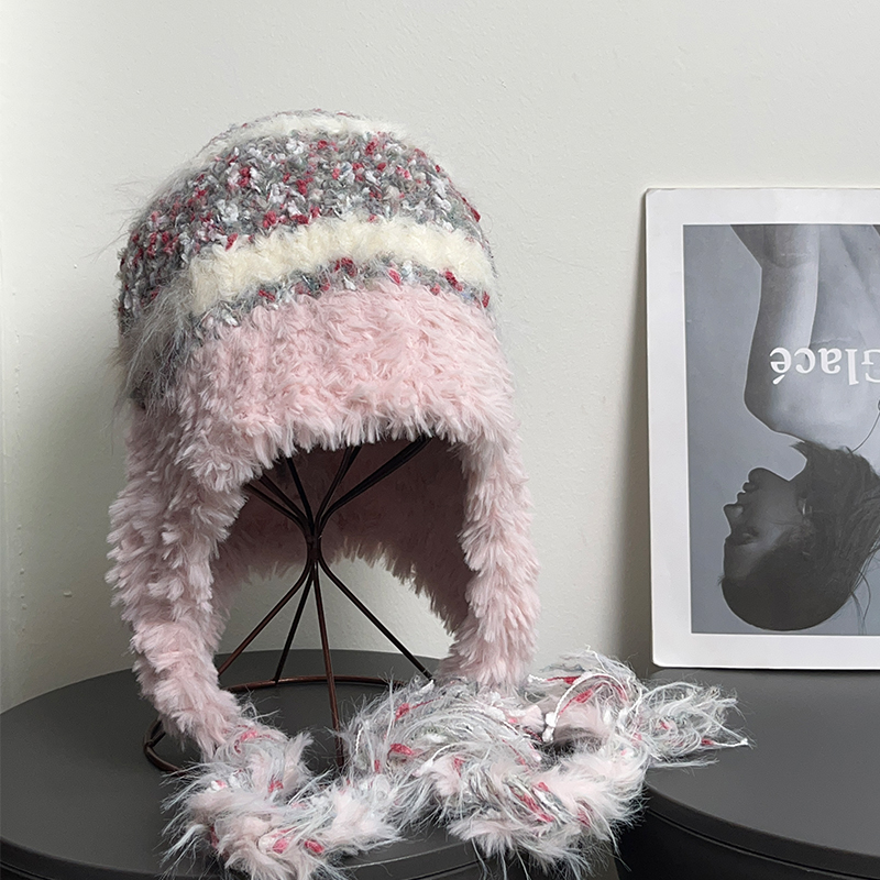 秋冬草原雷锋帽保暖条纹毛线帽女