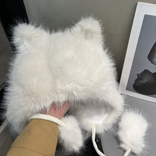 冬季 可爱y2k猫耳朵毛绒帽子女保暖显脸小毛茸茸防风护耳雷锋帽潮