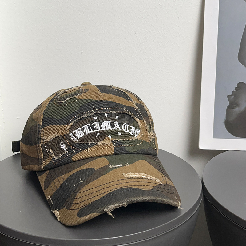 大头围复古新款破洞迷彩棒球帽女2025春夏防晒宽檐磨毛鸭舌帽子男