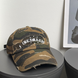 大头围复古新款 破洞迷彩棒球帽女2025春夏防晒宽檐磨毛鸭舌帽子男