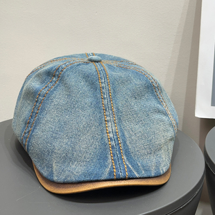 美式 复古牛仔pu拼接鸭舌前进帽女春夏显脸小遮阳做旧百搭贝雷帽子