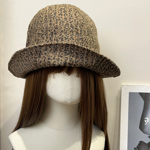 复古磨毛豹纹渔夫帽女夏防晒遮阳百搭春秋时髦辣妹显脸小水桶帽子