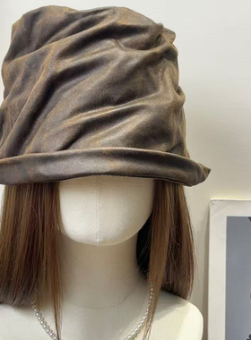 复古重工迪木尔风褶皱翻檐渔夫帽女秋冬百搭做旧显脸小水桶帽子潮