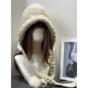 大头围复古川西草原针织卷边护耳帽女秋冬保暖毛球绑带兔毛帽子潮