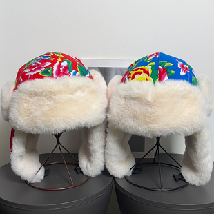 冬季 哈尔滨旅游东北大花雷锋帽女保暖防寒加厚护脸护耳民族风帽子