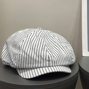 日系文艺百搭条纹棉麻八角报童帽女春夏透气复古显脸小贝雷帽子潮