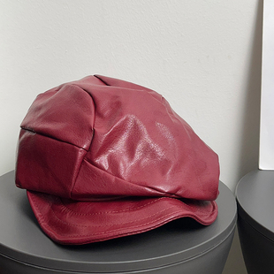 大头围英伦复古PU皮质褶皱贝雷帽女秋冬百搭重工显脸小画家帽子潮