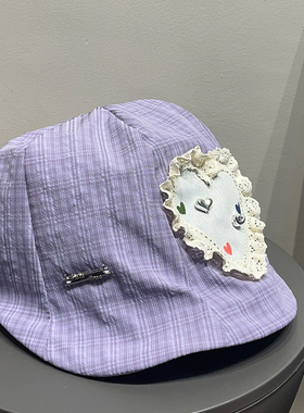 日系格子云朵报童帽女春夏速干百搭大檐防晒显脸小画家前进帽子潮