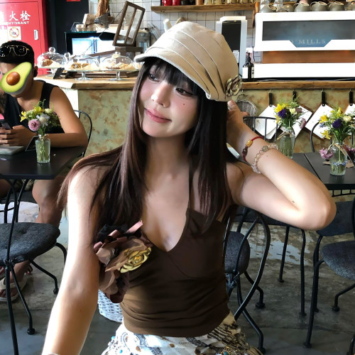 小众日系复古亚麻花朵报童帽女夏遮阳透气百搭春秋显脸小画家帽子