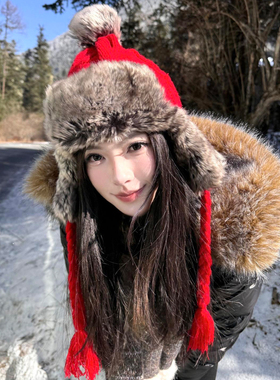 复古毛绒川西稻城亚丁保暖雷锋帽女冬季加厚护耳防寒新年红色帽子
