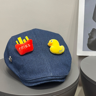 日系复古薯条小黄鸭舌前进帽女春夏遮阳可爱百搭显脸小贝雷帽子潮