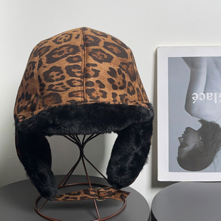 大头围复古绒面豹纹雷锋帽女韩秋冬保暖时髦辣妹加绒护耳滑雪帽子
