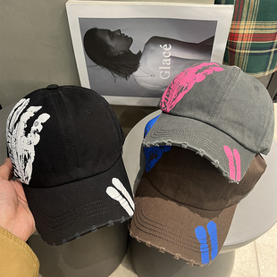 韩版 复古宽帽檐显脸小鸭舌帽子百搭休闲男潮 手印涂鸦棒球帽女美式