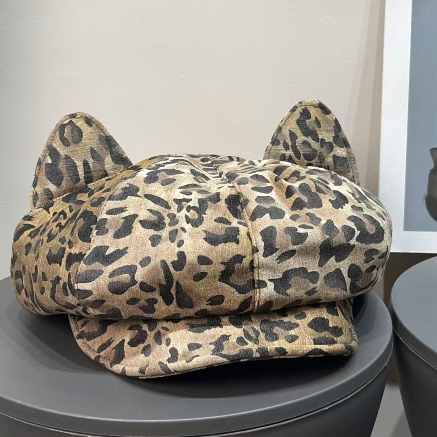 日系复古千禧豹纹猫耳朵贝雷帽女秋冬百搭可爱显脸小辣妹画家帽子