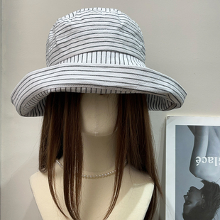 夏季 卷边大帽檐遮阳防晒帽女日系复古条纹简约休闲显脸小渔夫帽子