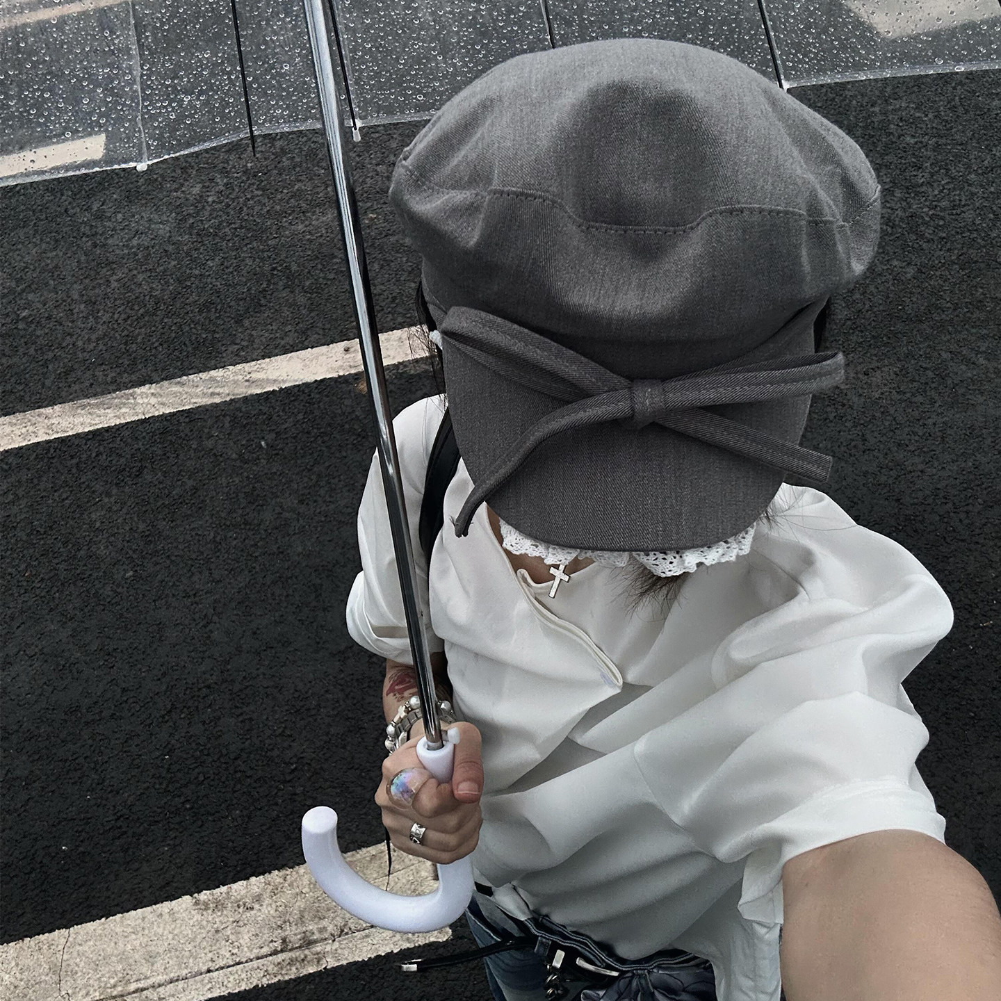 日系复古蝴蝶结蕾丝边平顶贝雷帽女百搭显脸小英伦风海军画家帽子