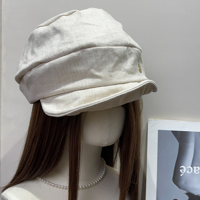 日系复古钢丝褶皱透气亚麻贝雷帽女夏遮阳不闷热春秋显脸小帽子潮