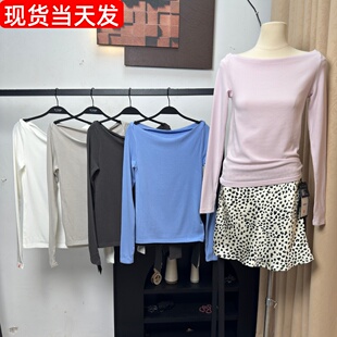 Mona张绮贤 一字肩打底/秋季极简风一字领指洞修身显瘦长袖T恤女