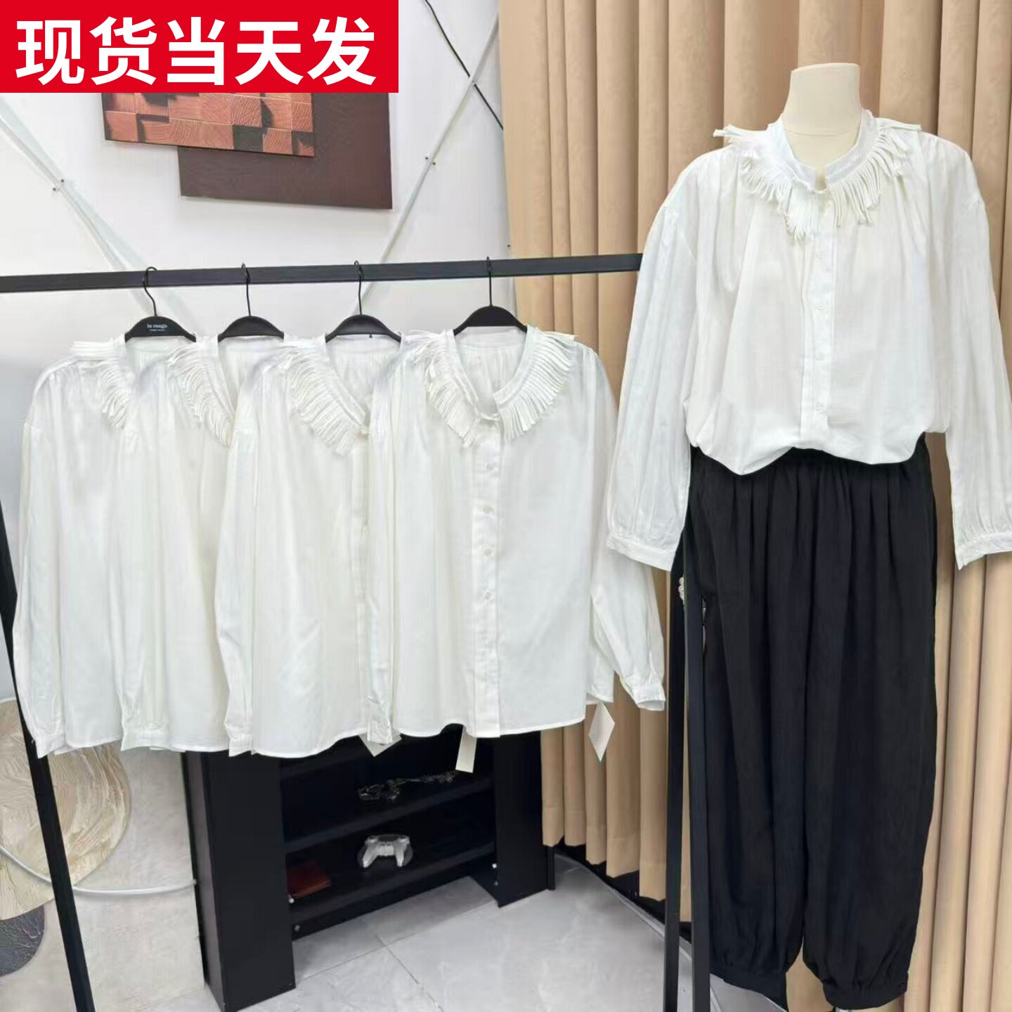 古流苏花边领灯笼袖苎麻衬衫