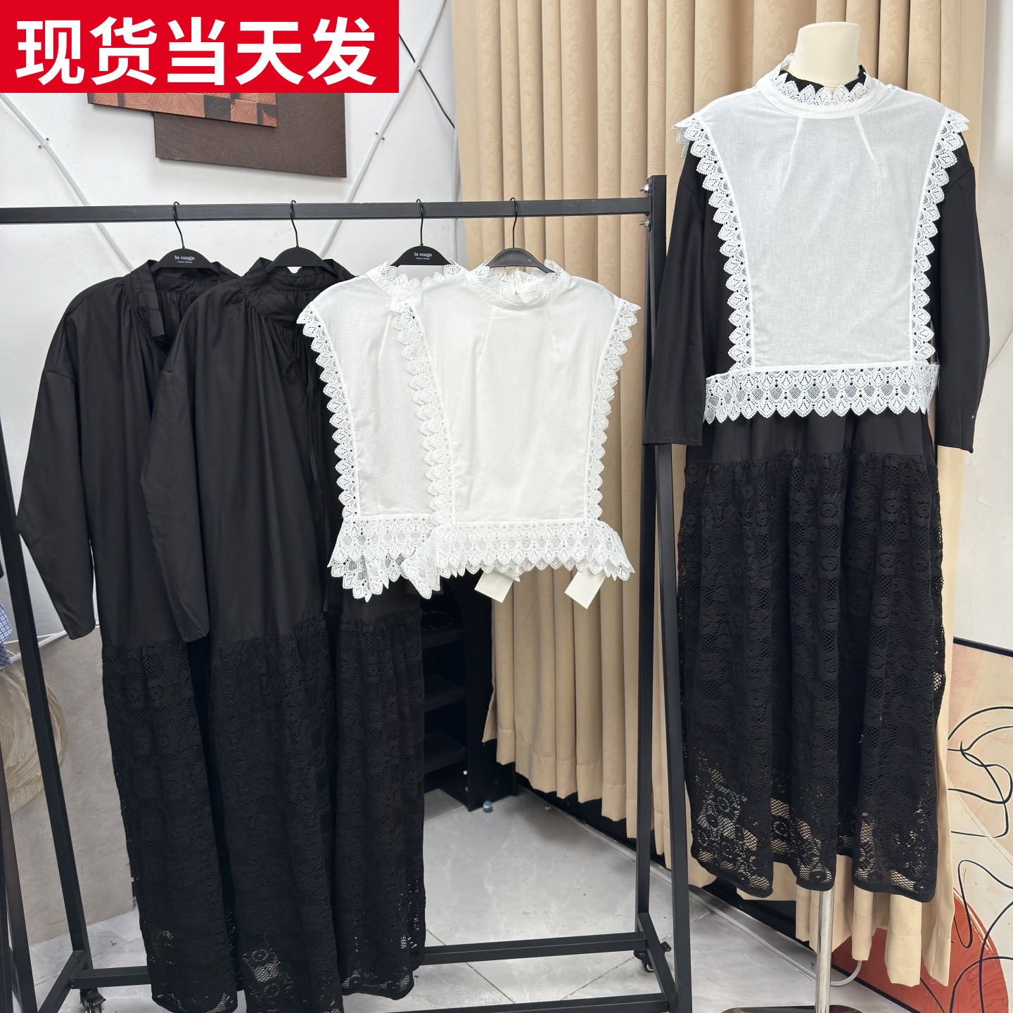 暗黑拼接连衣裙立领蕾丝背心