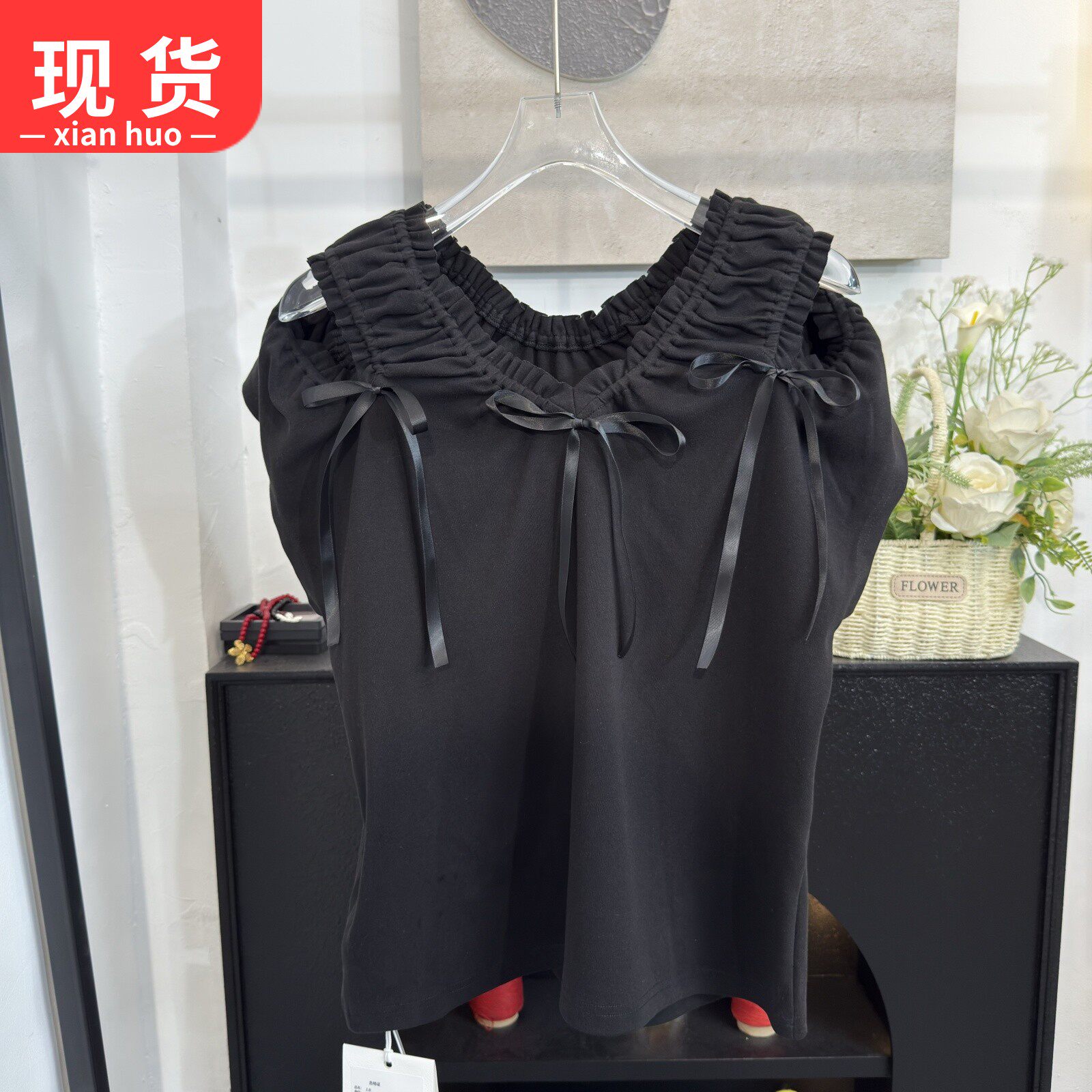 褶皱露肩蝴蝶结多种穿法短袖T恤