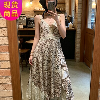 天丝亚麻多层蕾丝拼接豹纹连衣裙