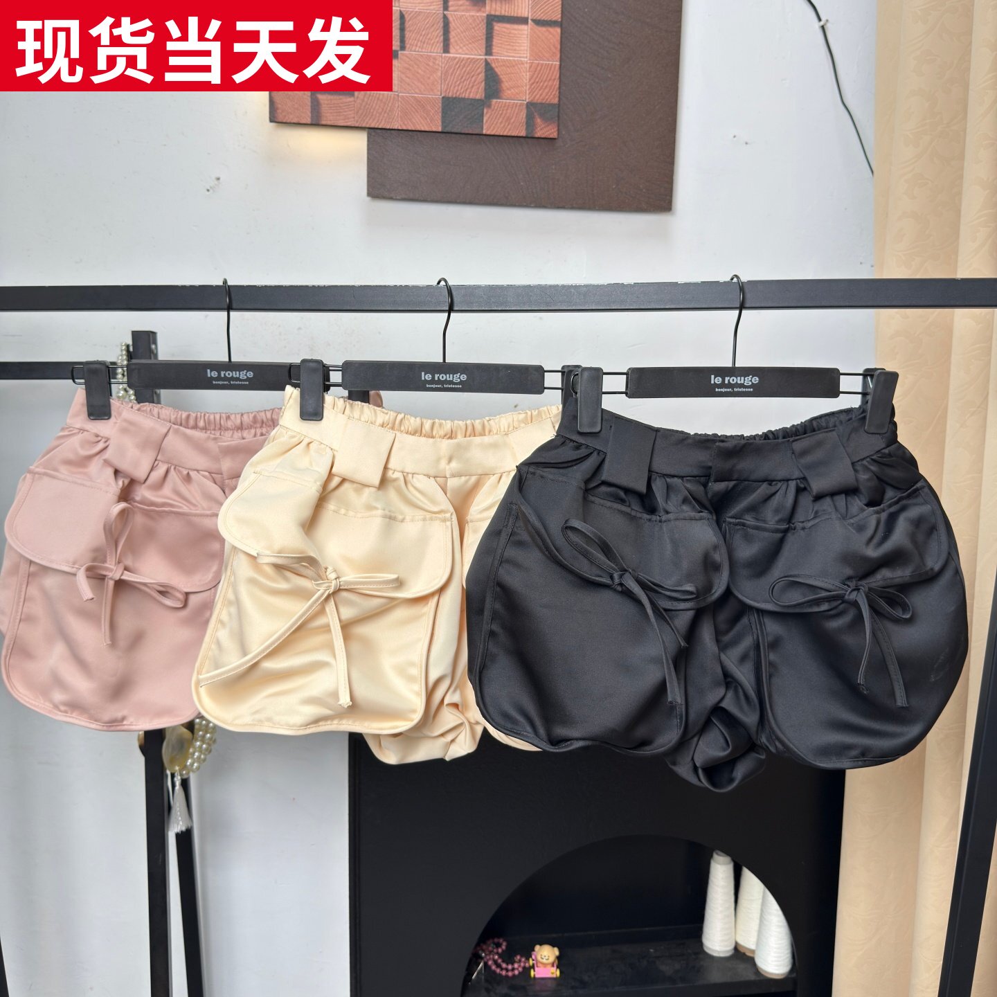 蝴蝶结绑带立体大口袋花苞短裤