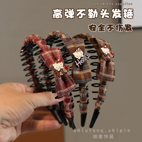 卡通秋冬格纹蝴蝶结小猫发箍