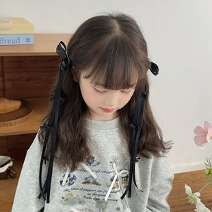 儿童黑色蝴蝶结飘带发夹女童双马尾丝带绑发编发头饰发卡配饰发饰