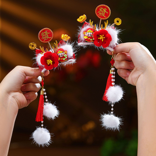 儿童新年财神元宝发财碎发夹女童汉服红色蝴蝶结拜年服头饰发饰