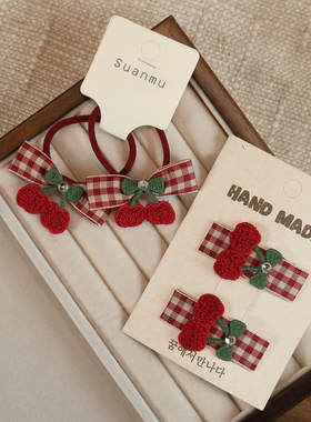 儿童可爱樱桃红色蝴蝶结格纹发圈宝宝皮筋头绳女童发绳小女孩发饰