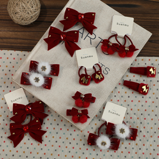 儿童新年红色喜庆蝴蝶结发夹刘海侧边BB夹女童扎头发发圈发夹发饰