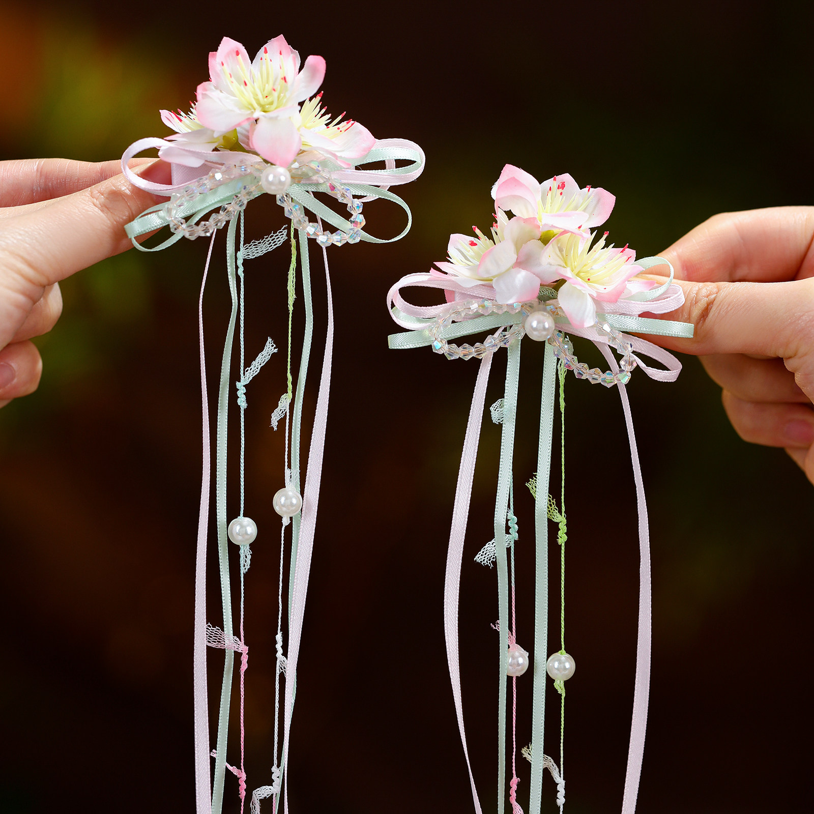 儿童古风桃花长飘带流苏款发夹